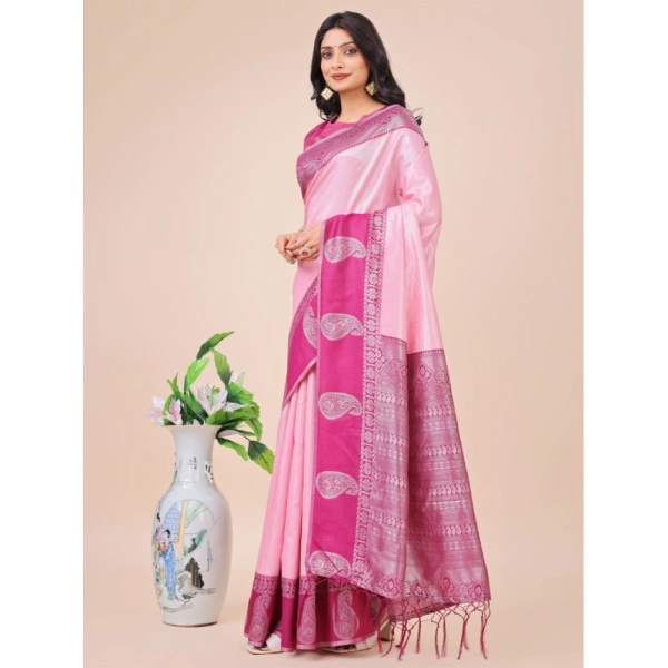 Generic Women's Lichi Silk Printed Saree With Unstitched Blouse 5.5Mtr (Light Pink) - Light Pink