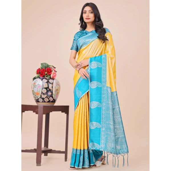 Generic Women's Lichi Silk Printed Saree With Unstitched Blouse 5.5Mtr (Yellow) - Yellow