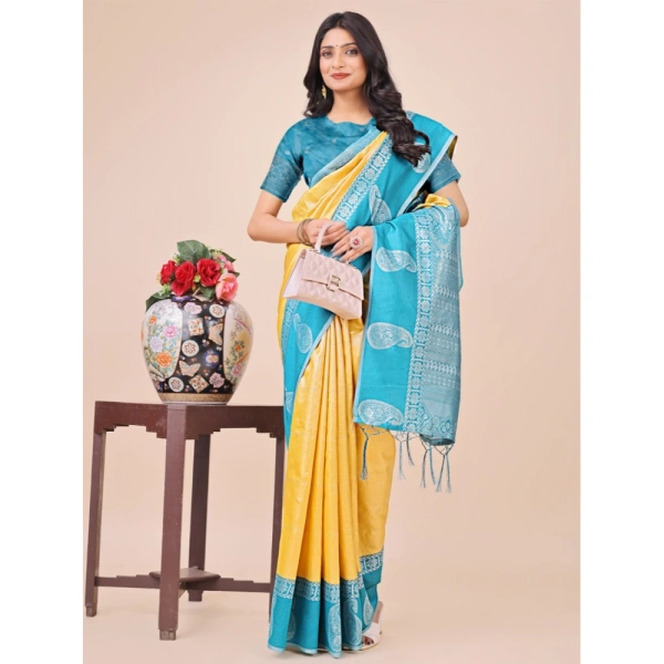 Generic Women's Lichi Silk Printed Saree With Unstitched Blouse 5.5Mtr (Yellow) - Yellow