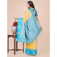 Generic Women's Lichi Silk Printed Saree With Unstitched Blouse 5.5Mtr (Yellow) - Yellow