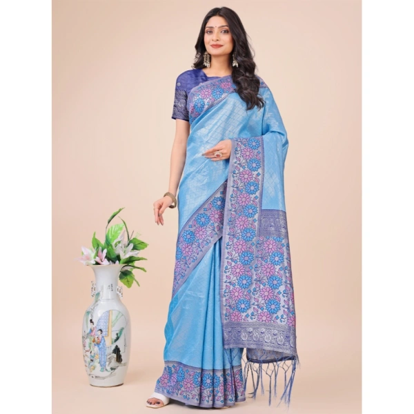 Generic Women's Lichi Silk Printed Saree With Unstitched Blouse 5.5Mtr (Sky Blue) - Sky Blue