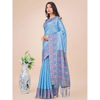 Generic Women's Lichi Silk Printed Saree With Unstitched Blouse 5.5Mtr (Sky Blue) - Sky Blue