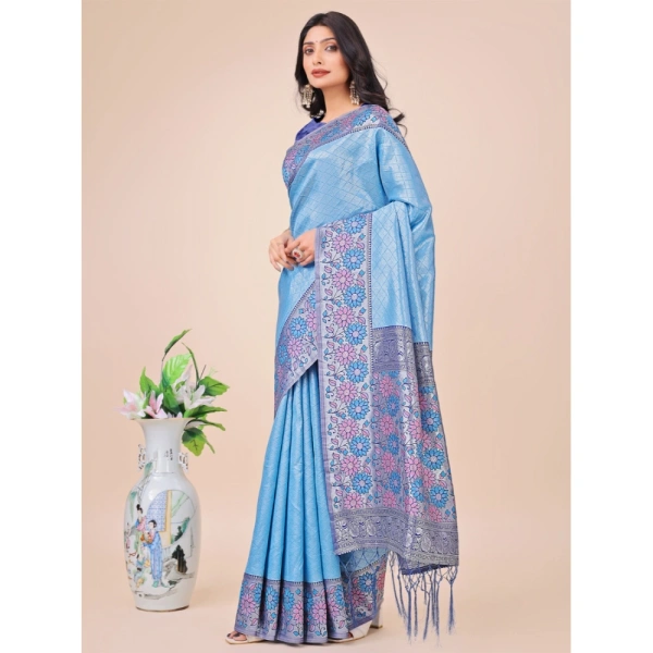 Generic Women's Lichi Silk Printed Saree With Unstitched Blouse 5.5Mtr (Sky Blue) - Sky Blue