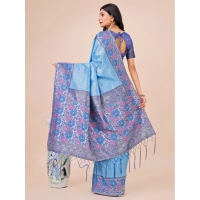 Generic Women's Lichi Silk Printed Saree With Unstitched Blouse 5.5Mtr (Sky Blue) - Sky Blue