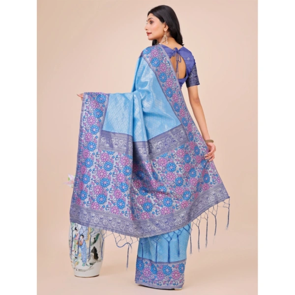 Generic Women's Lichi Silk Printed Saree With Unstitched Blouse 5.5Mtr (Sky Blue) - Sky Blue