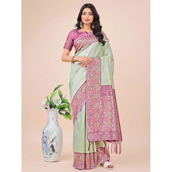 Generic Women's Lichi Silk Printed Saree With Unstitched Blouse 5.5Mtr (Olive Green) - Olive Green