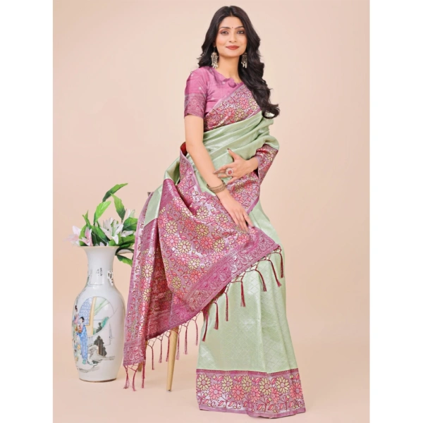Generic Women's Lichi Silk Printed Saree With Unstitched Blouse 5.5Mtr (Olive Green) - Olive Green