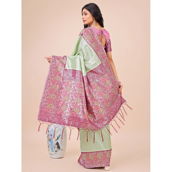 Generic Women's Lichi Silk Printed Saree With Unstitched Blouse 5.5Mtr (Olive Green) - Olive Green
