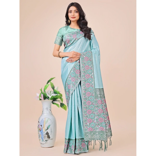 Generic Women's Lichi Silk Printed Saree With Unstitched Blouse 5.5Mtr (Teal) - Teal