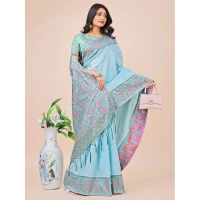 Generic Women's Lichi Silk Printed Saree With Unstitched Blouse 5.5Mtr (Teal) - Teal