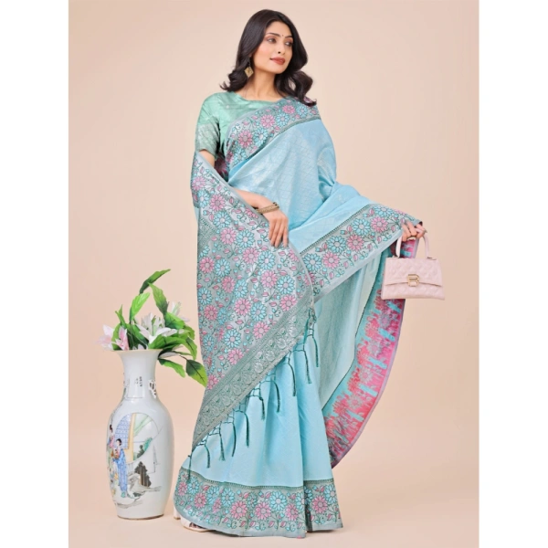 Generic Women's Lichi Silk Printed Saree With Unstitched Blouse 5.5Mtr (Teal) - Teal