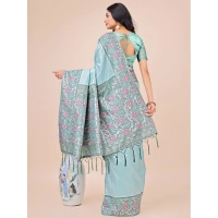 Generic Women's Lichi Silk Printed Saree With Unstitched Blouse 5.5Mtr (Teal) - Teal