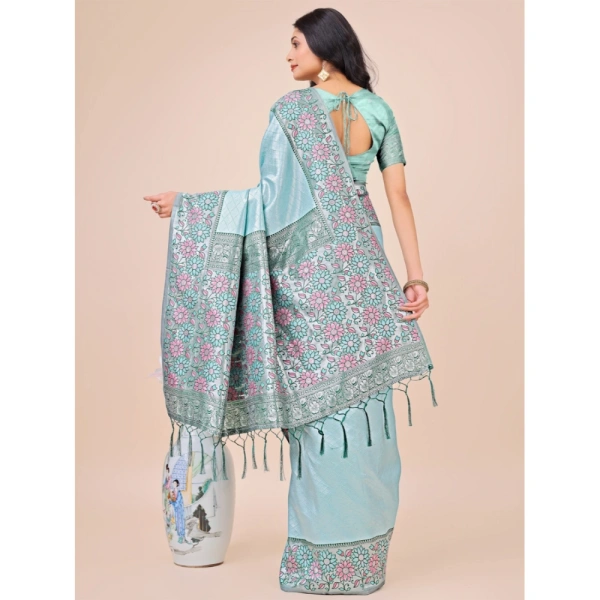 Generic Women's Lichi Silk Printed Saree With Unstitched Blouse 5.5Mtr (Teal) - Teal
