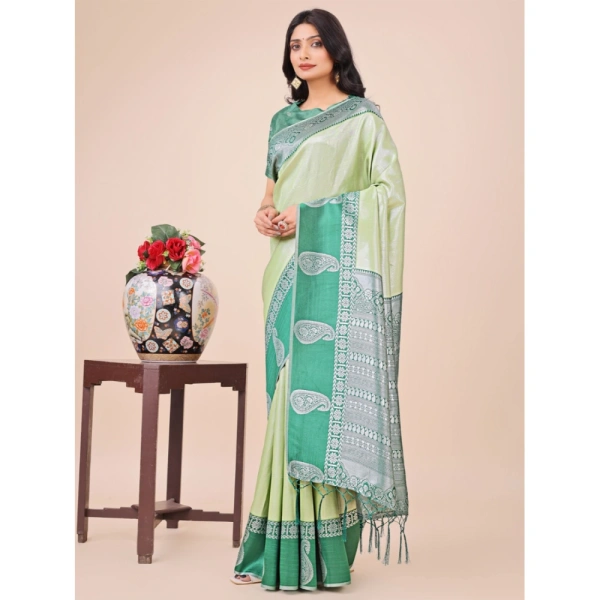 Generic Women's Lichi Silk Printed Saree With Unstitched Blouse 5.5Mtr (Light Green) - Light Green