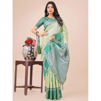 Generic Women's Lichi Silk Printed Saree With Unstitched Blouse 5.5Mtr (Light Green) - Light Green