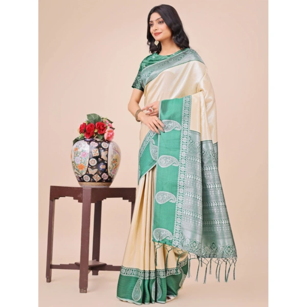Generic Women's Lichi Silk Printed Saree With Unstitched Blouse 5.5Mtr (Cream) - Cream