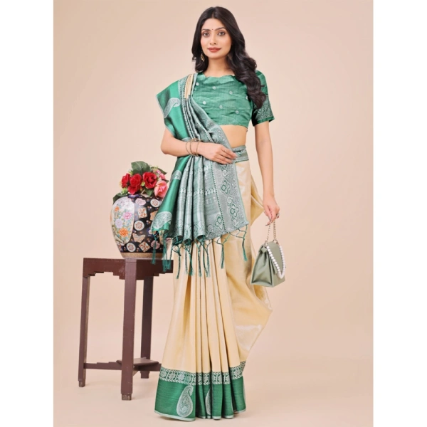 Generic Women's Lichi Silk Printed Saree With Unstitched Blouse 5.5Mtr (Cream) - Cream