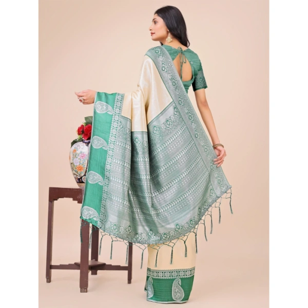 Generic Women's Lichi Silk Printed Saree With Unstitched Blouse 5.5Mtr (Cream) - Cream