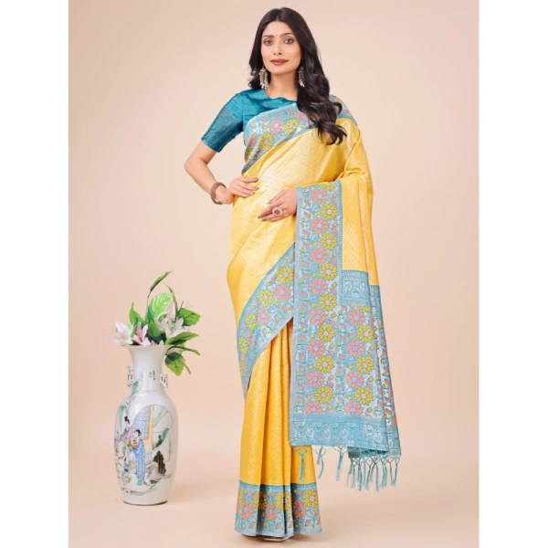 Generic Women's Lichi Silk Printed Saree With Unstitched Blouse 5.5Mtr (Yellow) - Yellow