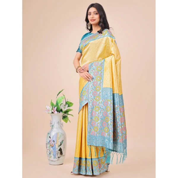 Generic Women's Lichi Silk Printed Saree With Unstitched Blouse 5.5Mtr (Yellow) - Yellow