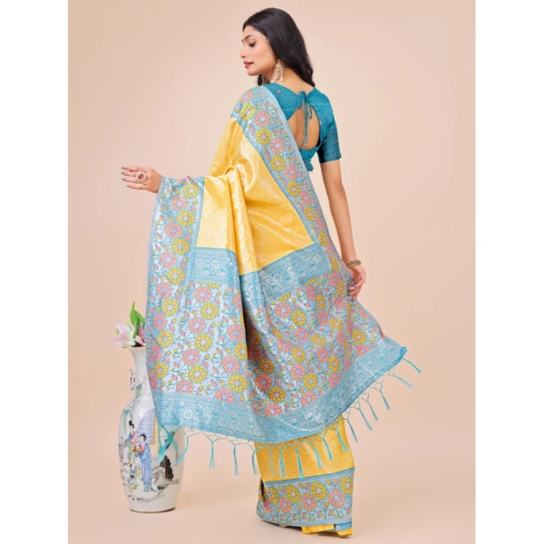 Generic Women's Lichi Silk Printed Saree With Unstitched Blouse 5.5Mtr (Yellow) - Yellow