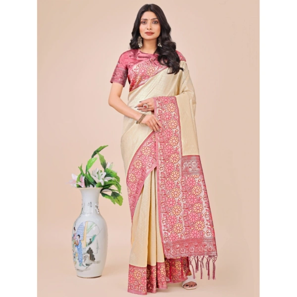 Generic Women's Lichi Silk Printed Saree With Unstitched Blouse 5.5Mtr (Cream) - Cream
