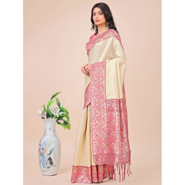 Generic Women's Lichi Silk Printed Saree With Unstitched Blouse 5.5Mtr (Cream) - Cream
