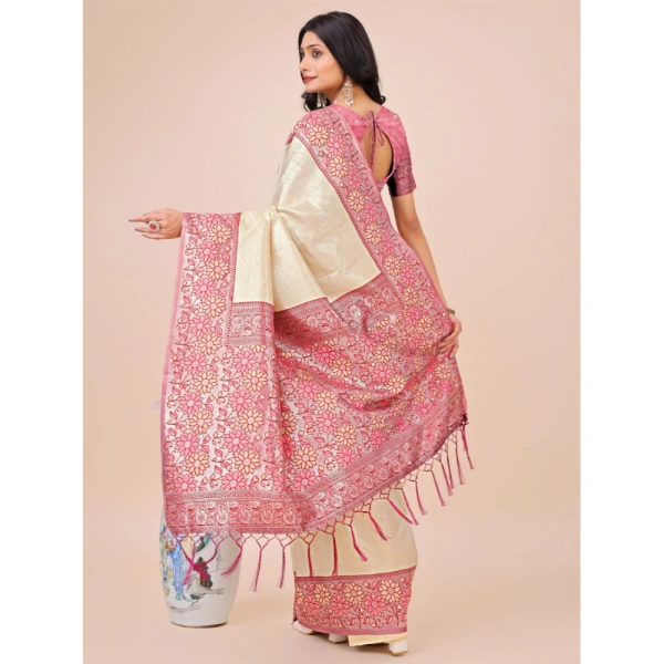 Generic Women's Lichi Silk Printed Saree With Unstitched Blouse 5.5Mtr (Cream) - Cream