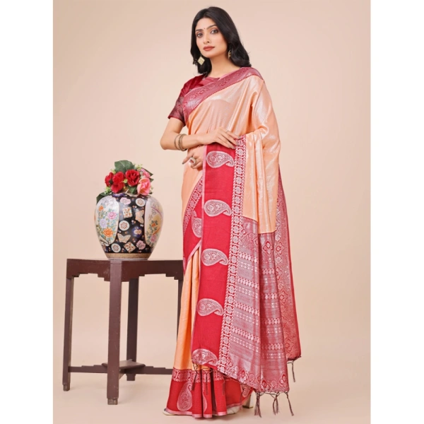 Generic Women's Lichi Silk Printed Saree With Unstitched Blouse 5.5Mtr (Peach) - Peach