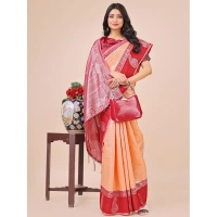 Generic Women's Lichi Silk Printed Saree With Unstitched Blouse 5.5Mtr (Peach) - Peach
