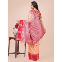 Generic Women's Lichi Silk Printed Saree With Unstitched Blouse 5.5Mtr (Peach) - Peach