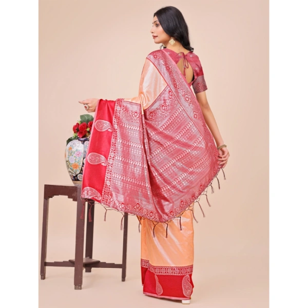 Generic Women's Lichi Silk Printed Saree With Unstitched Blouse 5.5Mtr (Peach) - Peach