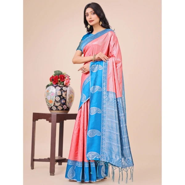 Generic Women's Lichi Silk Printed Saree With Unstitched Blouse 5.5Mtr (Peach) - Peach