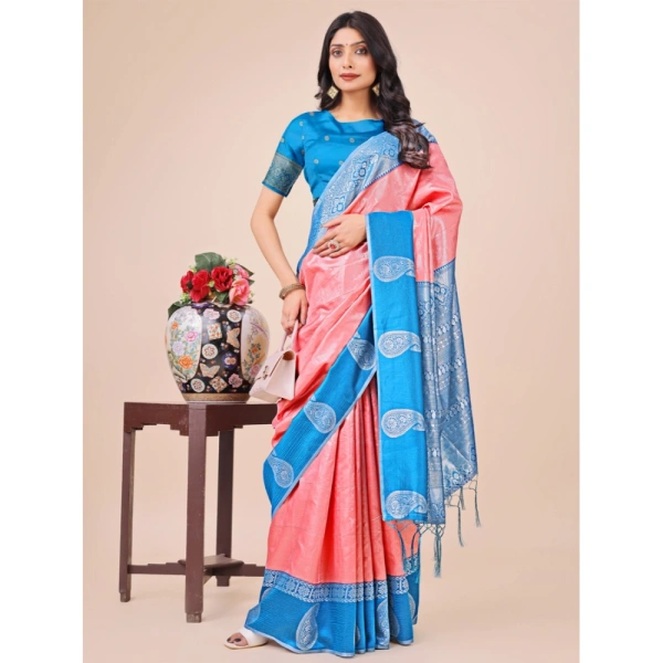Generic Women's Lichi Silk Printed Saree With Unstitched Blouse 5.5Mtr (Peach) - Peach