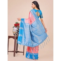 Generic Women's Lichi Silk Printed Saree With Unstitched Blouse 5.5Mtr (Peach) - Peach