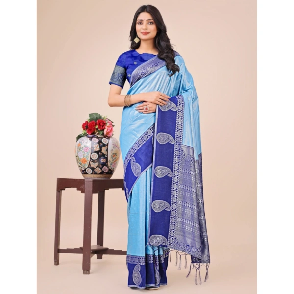 Generic Women's Lichi Silk Printed Saree With Unstitched Blouse 5.5Mtr (Sky Blue) - Sky Blue