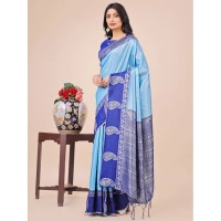 Generic Women's Lichi Silk Printed Saree With Unstitched Blouse 5.5Mtr (Sky Blue) - Sky Blue