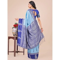 Generic Women's Lichi Silk Printed Saree With Unstitched Blouse 5.5Mtr (Sky Blue) - Sky Blue