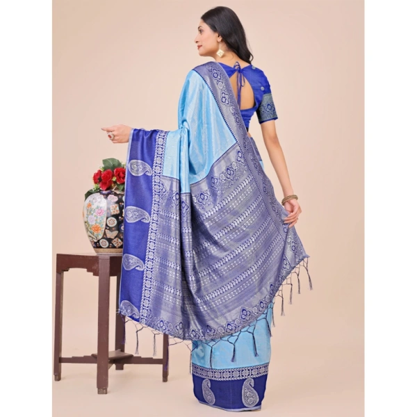 Generic Women's Lichi Silk Printed Saree With Unstitched Blouse 5.5Mtr (Sky Blue) - Sky Blue