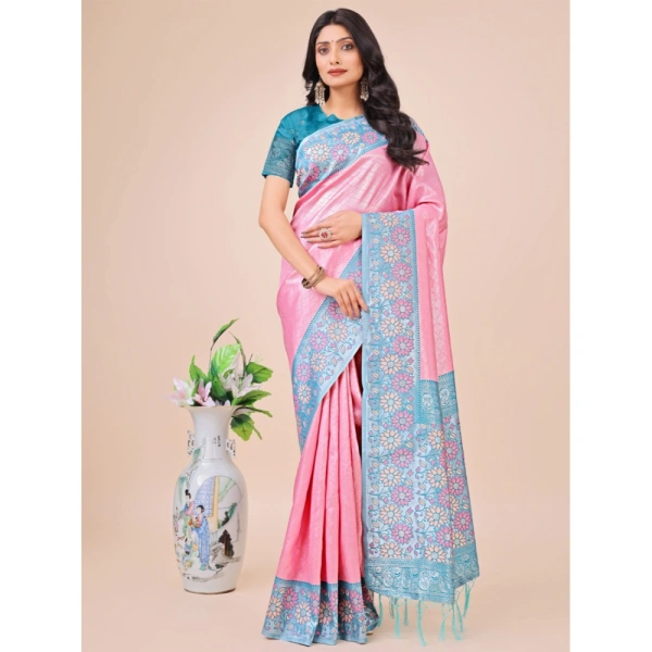 Generic Women's Lichi Silk Printed Saree With Unstitched Blouse 5.5Mtr (Pink) - Pink