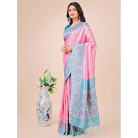 Generic Women's Lichi Silk Printed Saree With Unstitched Blouse 5.5Mtr (Pink) - Pink