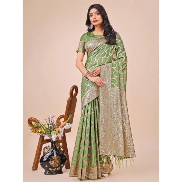 Generic Women's Linen Cotton Printed Saree With Unstitched Blouse 5.5Mtr (Green) - Green
