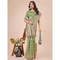 Generic Women's Linen Cotton Printed Saree With Unstitched Blouse 5.5Mtr (Green) - Green