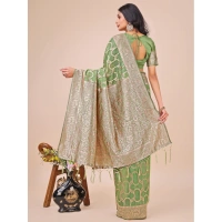Generic Women's Linen Cotton Printed Saree With Unstitched Blouse 5.5Mtr (Green) - Green