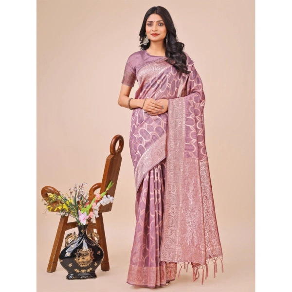 Generic Women's Linen Cotton Printed Saree With Unstitched Blouse 5.5Mtr (Purple) - Purple