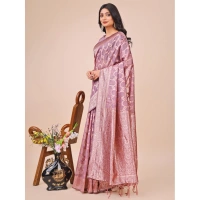 Generic Women's Linen Cotton Printed Saree With Unstitched Blouse 5.5Mtr (Purple) - Purple