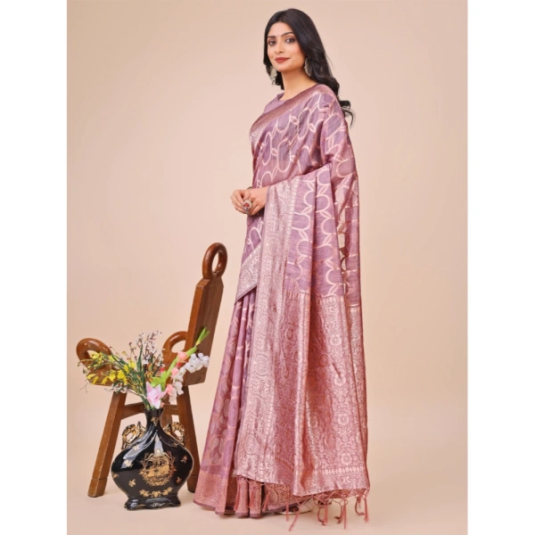 Generic Women's Linen Cotton Printed Saree With Unstitched Blouse 5.5Mtr (Purple) - Purple