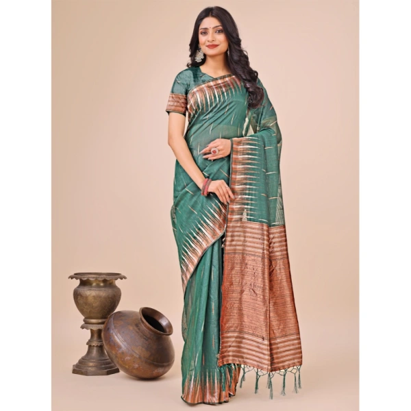 Generic Women's Linen Cotton Printed Saree With Unstitched Blouse 5.5Mtr (Green) - Green