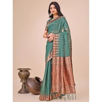 Generic Women's Linen Cotton Printed Saree With Unstitched Blouse 5.5Mtr (Green) - Green