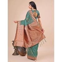 Generic Women's Linen Cotton Printed Saree With Unstitched Blouse 5.5Mtr (Green) - Green